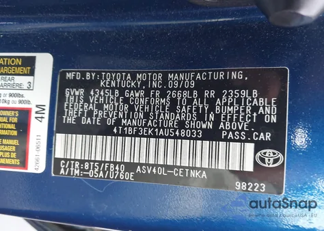 2010 Toyota Camry z USA, uszkodzony, nr VIN 4T1BF3EK1AU548033